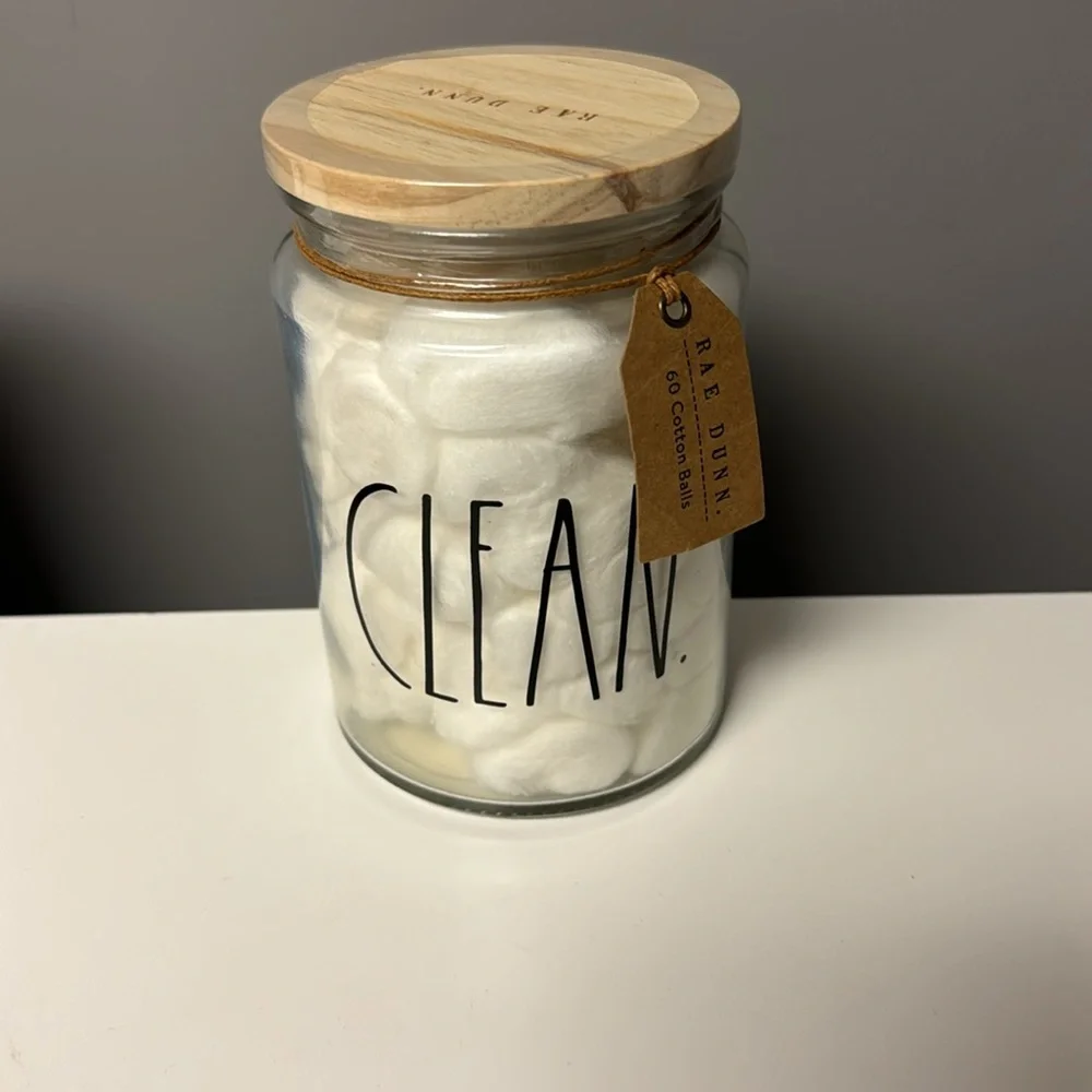 Rae Dunn Clean jar with cotton balls